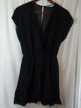 Lush Black Swiss Dot Mini Dress Small Office Goth Flowy Retro Keyhole Punk Hot